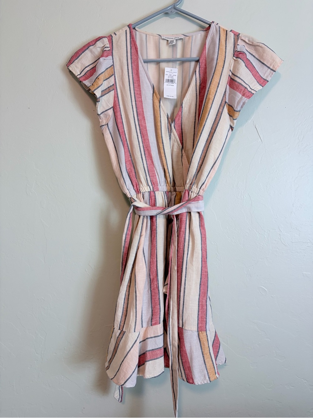 American Eagle Outfitters Striped V-Neck Mini Dress in Pink, Cream, Mustard